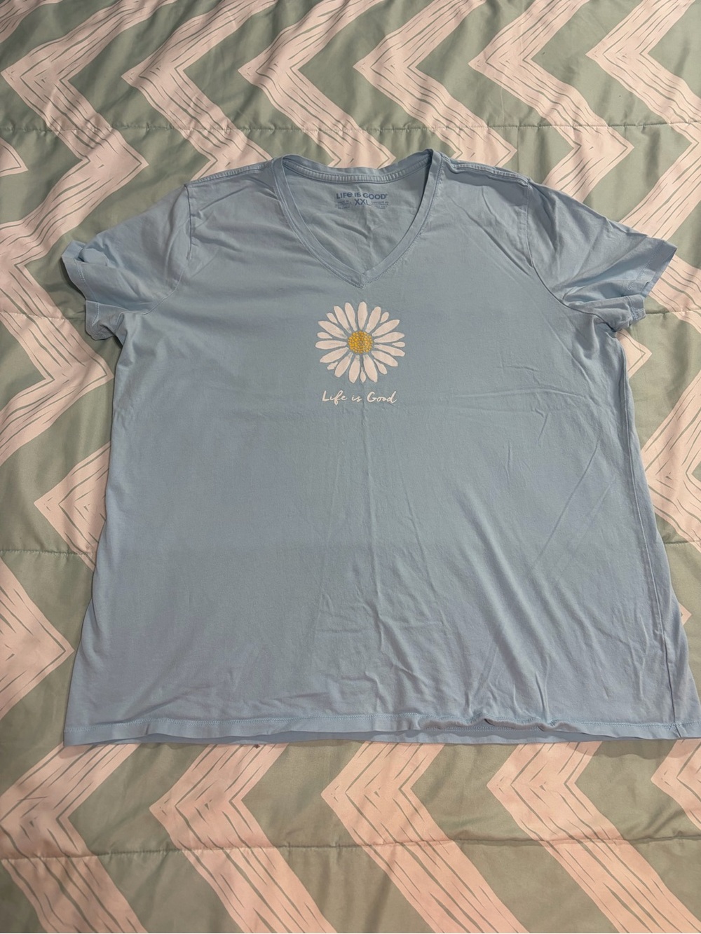 Life Is Good Light Blue V-Neck Tee with Daisy Graphic